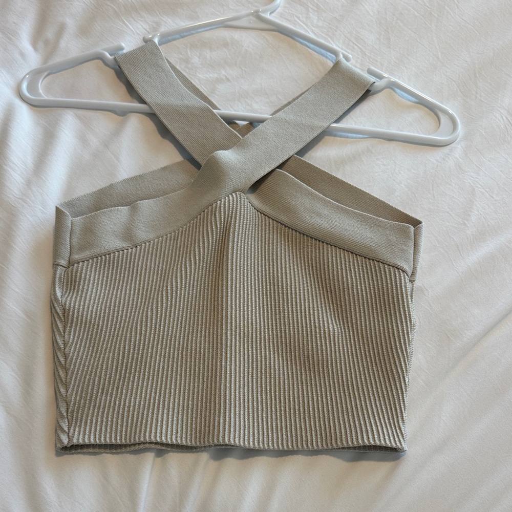 Aritzia Ribbed Crossback Crop Top in Beige